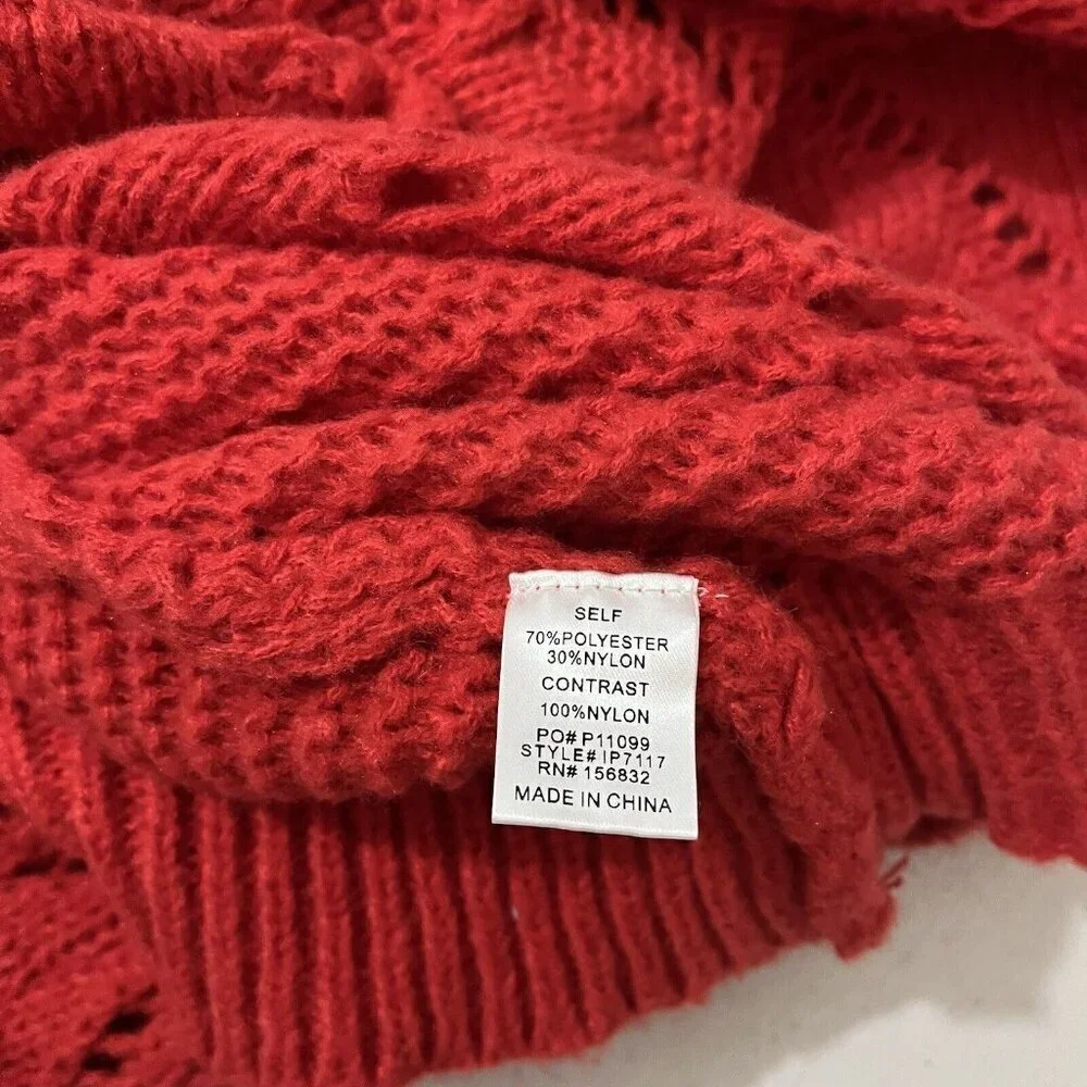 BiBi Knit Sweater Lace Collar Red Open Knit Chunky Size XL